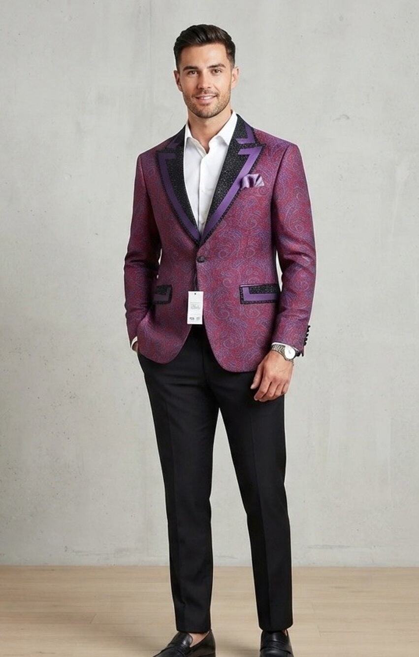 Ziggler Milano Mens Tuxedo Suit Blazer Pants Paisley Red Blue US 46 EU 56 T10